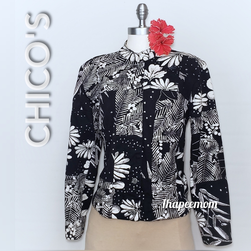 Chico's Jacket Stretch Denim Floral Black White - Picture 7 of 8